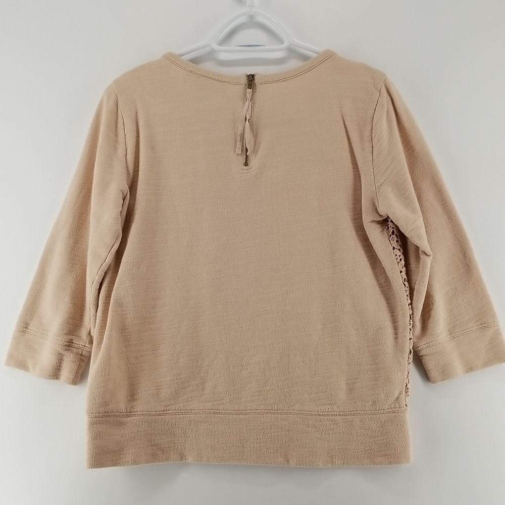 Anne Taylor Sweater Women's Tan 3/4 Sleeve Rear 1/4 Zip Crocheted Front Cotton - Picture 7 of 11
